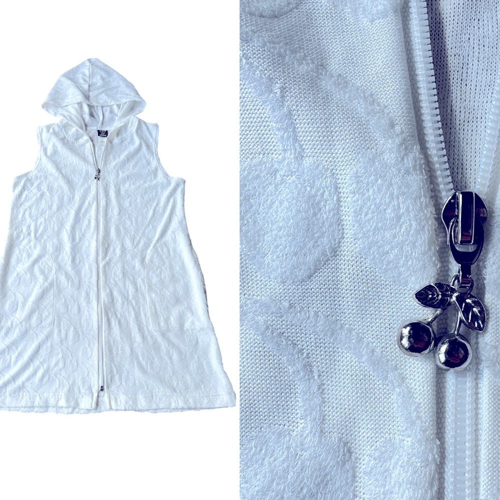 Wear Abouts White Terry Cloth Hooded Zip Cover-Up with Cherry Detail - Medium